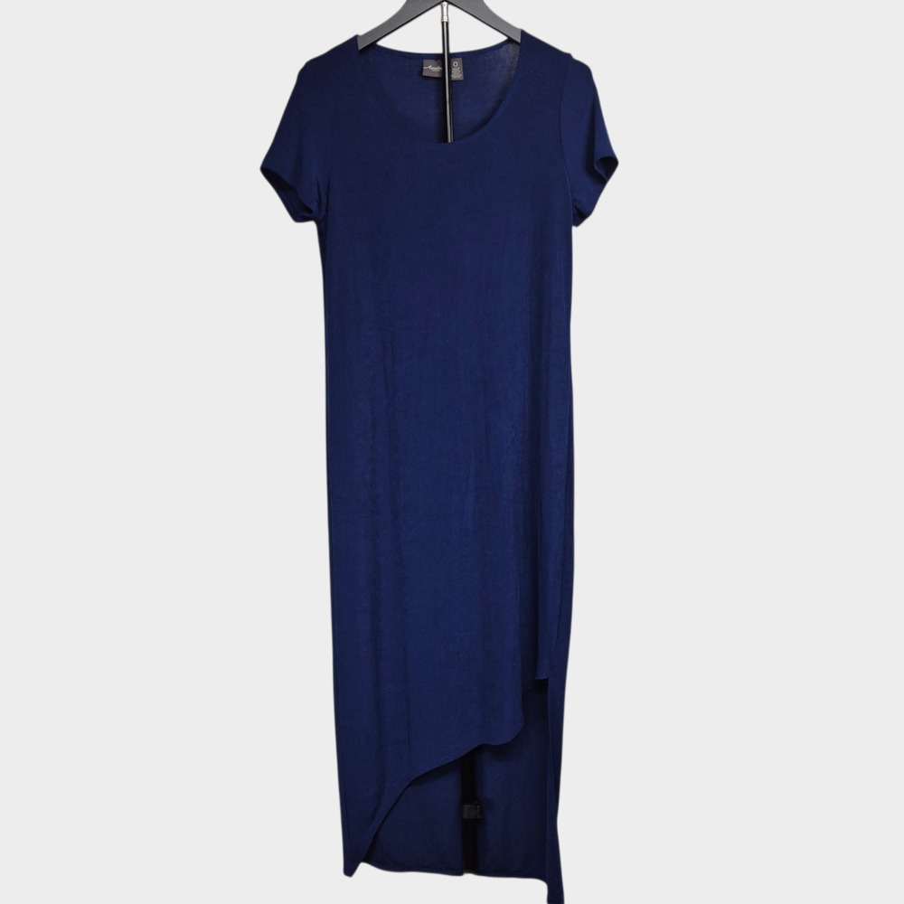 Chicos Travelers Size 0 (S/4) Blue Knit Maxi Dress Asymmetrical Hem Short Sleeve